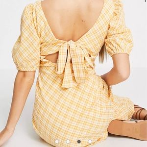 New Look puff sleeve midi tea dress in yellow plaid Sz Med